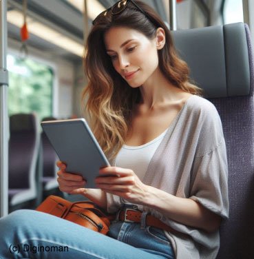 Femme en train de lire un livre numérique depuis sa liseuse dans un train. Image Diginoman