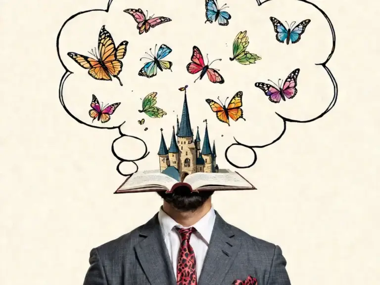 Illustration d'un auteur en pleine phase d'imagination de son manuscrit pour apprendre comment autoéditer un livre